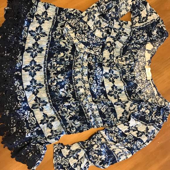 Altard State bandana floral print navy top with crochet accents on the bottom - Picture 3 of 4